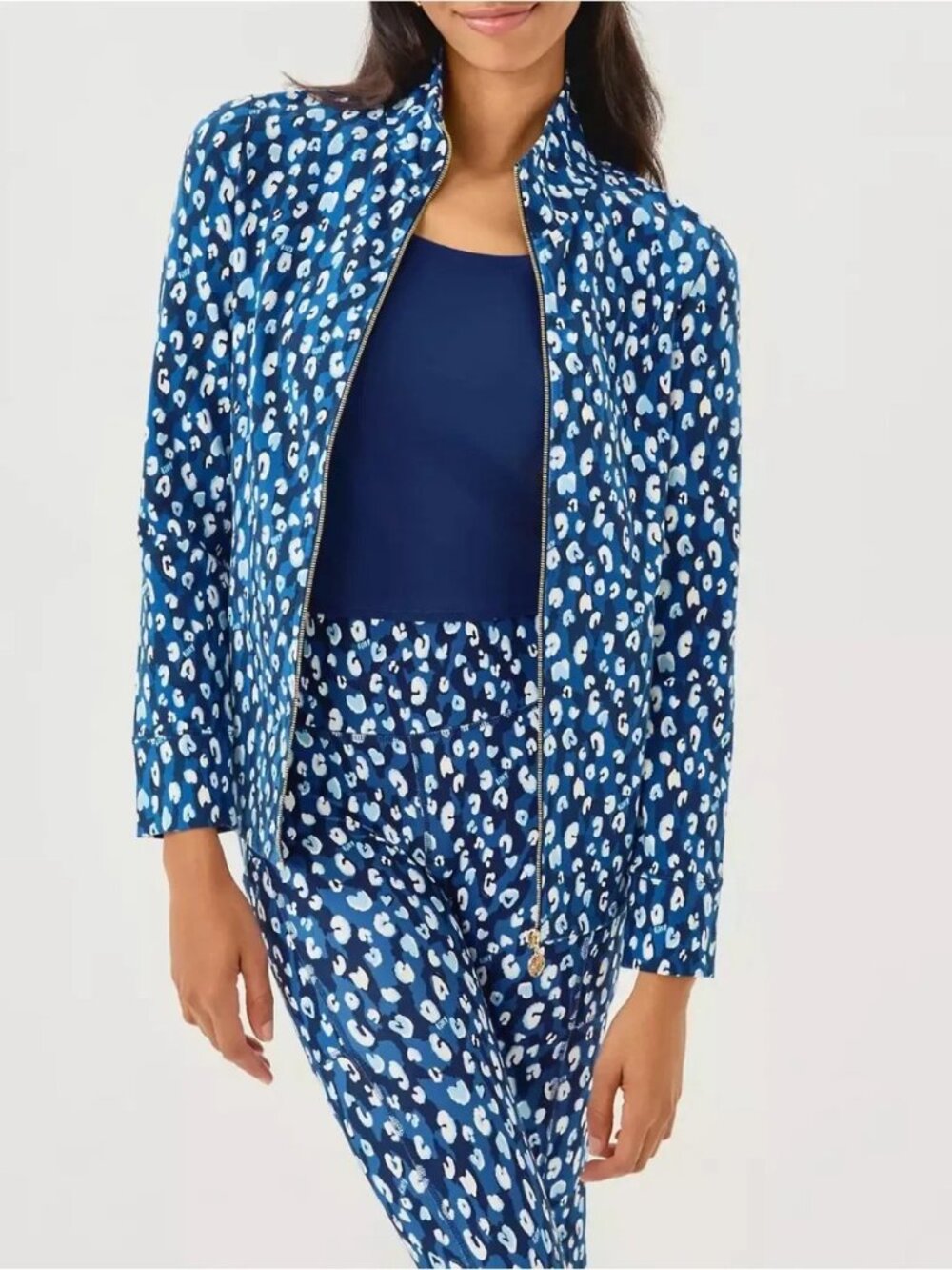 NWT Lilly Pulitzer 50+ Leona Zip-Up Jacket Starlight Navy, Youre an Animal Print